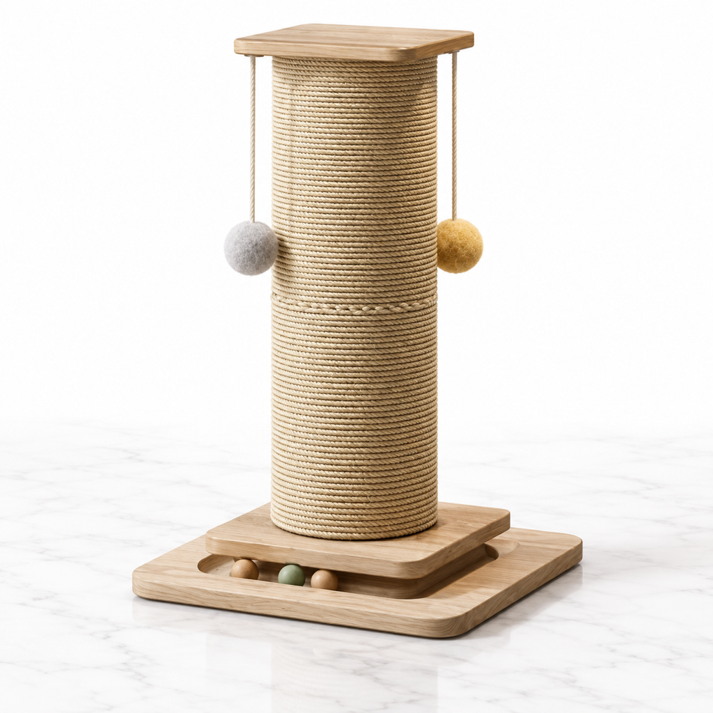 Scratch Central rope-wrapped scratching post and ball-track base on white marble