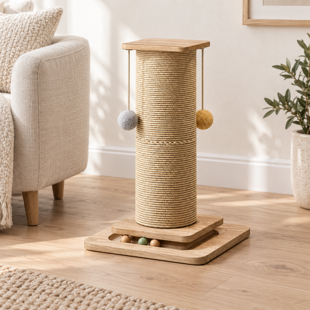 Scratch Central scratching post in an elegant neutral living room