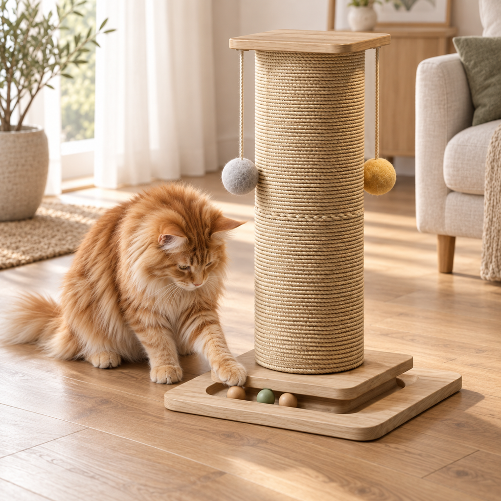 Orange Maine Coon playing with a ball in Scratch Central’s base track