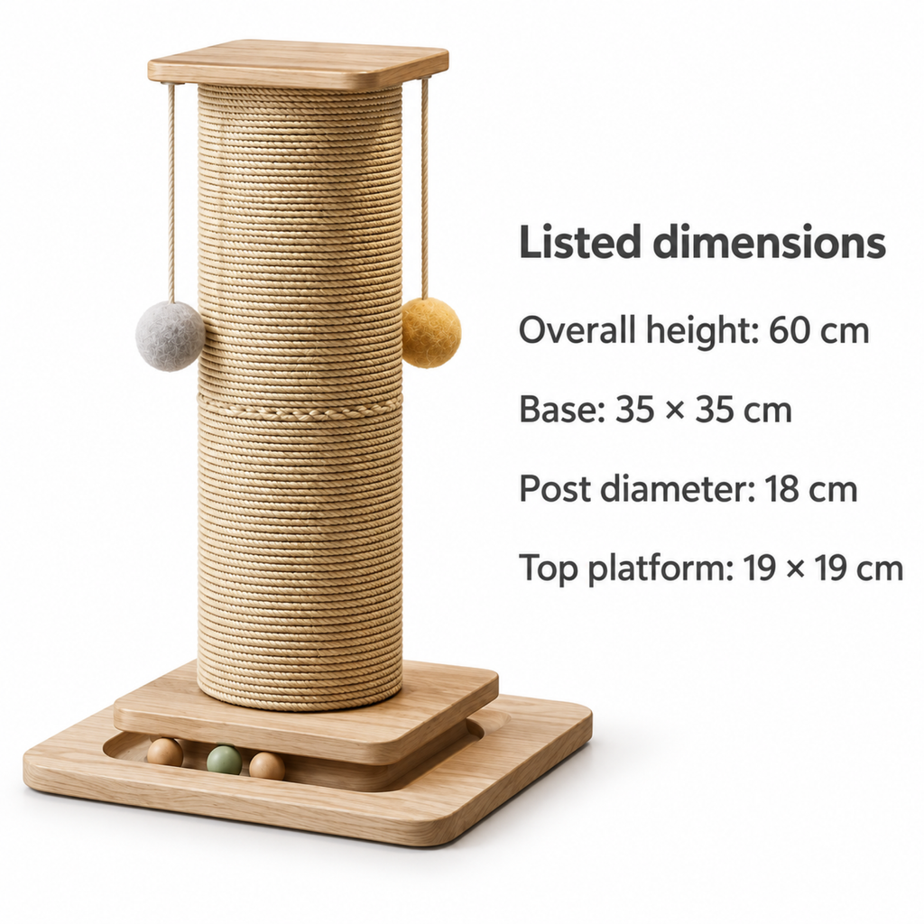 Scratch Central listed dimensions: height 60 cm, base 35 by 35 cm, post diameter 18 cm, top 19 by 19 cm