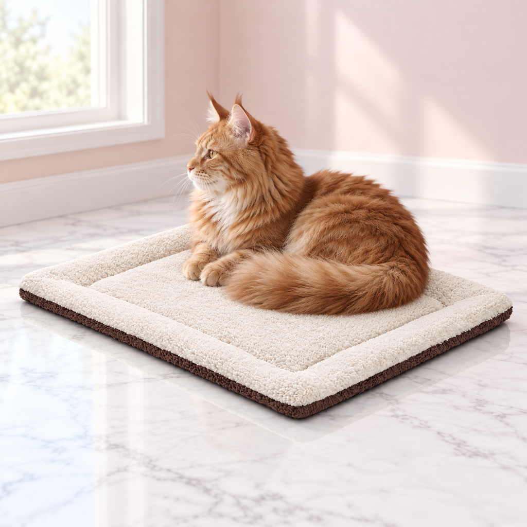 Self-Warming Cat Pad | Oatmeal & Chocolate – The Cocoa Comfort with a ginger Maine Coon in a light pink room