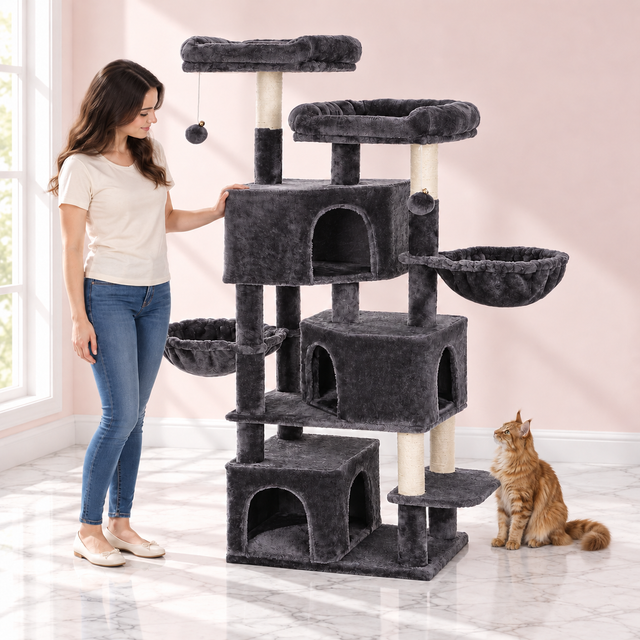 Maine Coon Cat Tree 164cm | Large Cat Tower – Silver Lodge Smoky Grey with a ginger Maine Coon in a light pink room