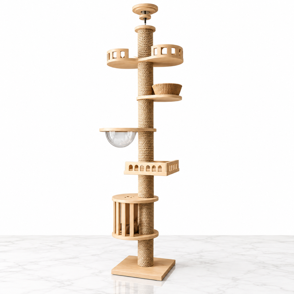 Wooden floor-to-ceiling tower with clear bowl and slatted enclosure on white marble