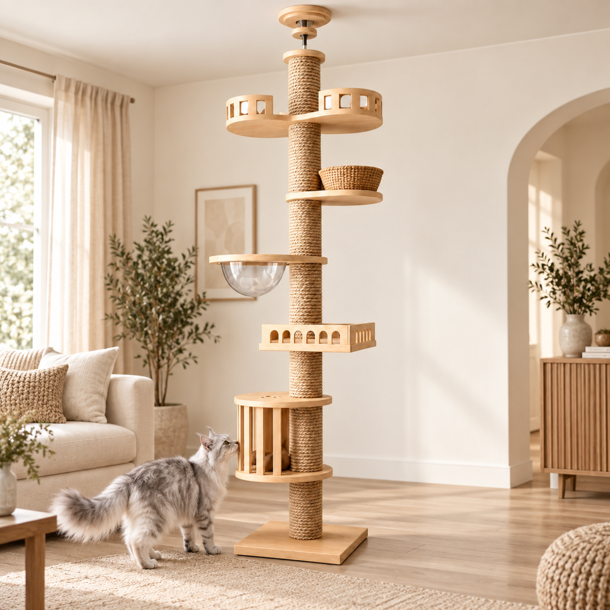 Silver and white Maine Coon exploring the lower enclosure in a cream living room