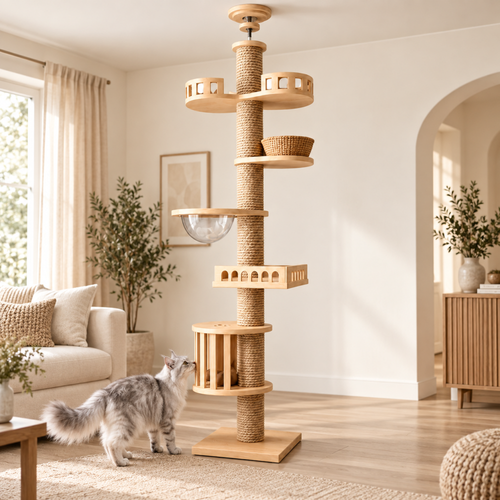 Silver and white Maine Coon exploring the lower enclosure in a cream living room