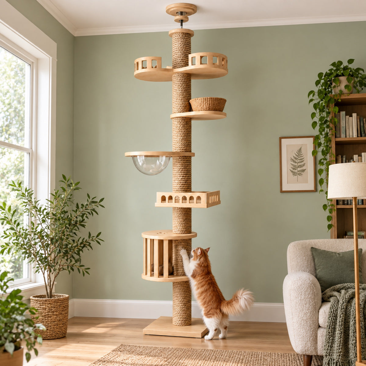 Orange Maine Coon beside the Sovereign Spire in a sage room; illustrative scene