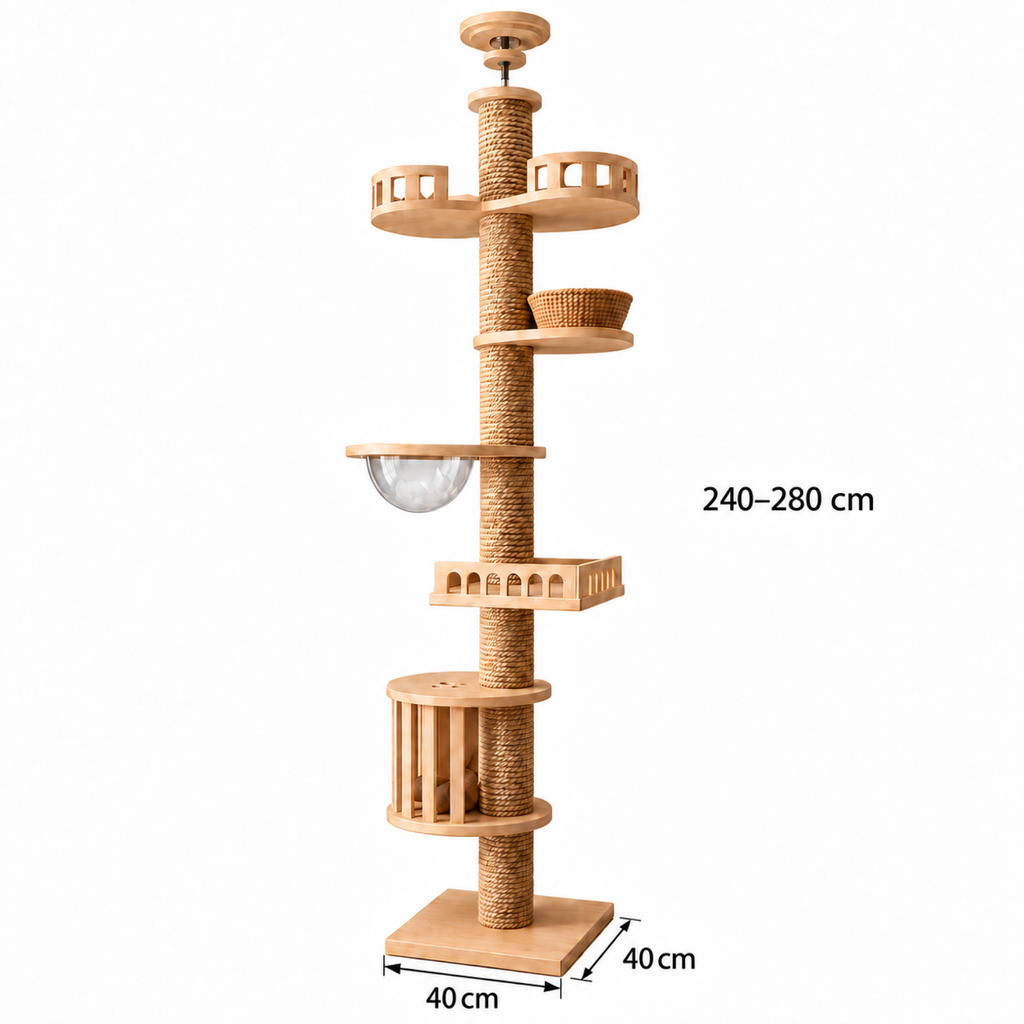 Tower reference dimensions: adjustable240–280cm height and40x40cm base