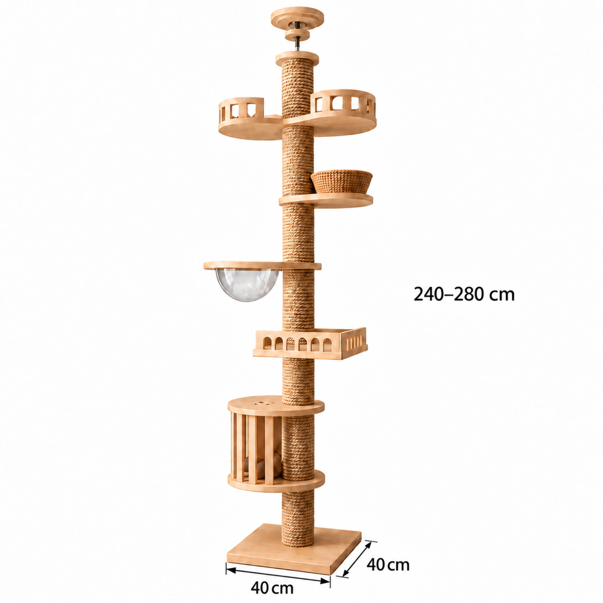 Tower reference dimensions: adjustable240–280cm height and40x40cm base