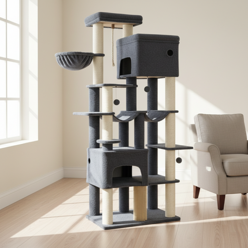 Charcoal Taj-MeowHall tower beside a window and linen armchair in an elegant room without cats