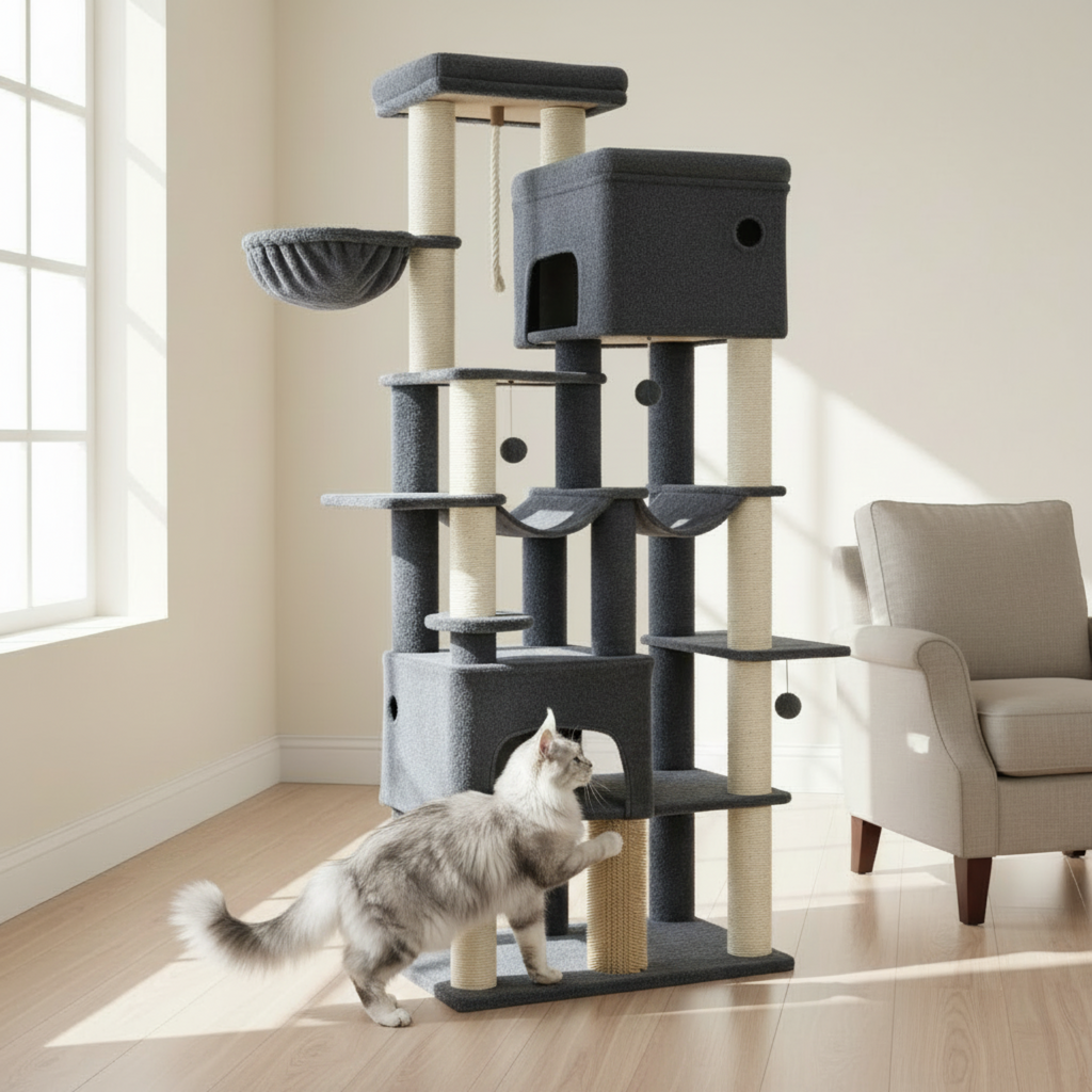 Silver-and-white Maine Coon reaching toward the Taj-MeowHall tower's lower post, with the full cat and tower visible