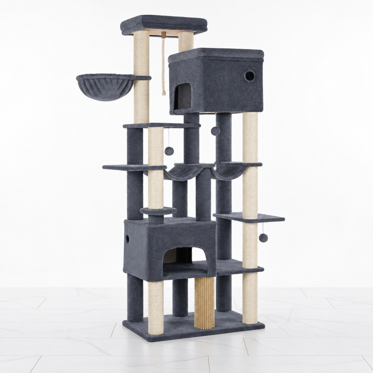 Charcoal Taj-MeowHall tower with two condos, twin hammocks and scratching posts on subtle white marble