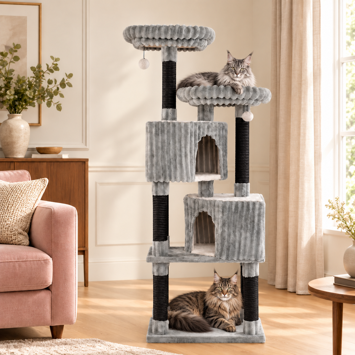 Cat Tree 156cm | Two-Condo Tower – The Cloud Residence with Maine Coons comfortably resting, living room