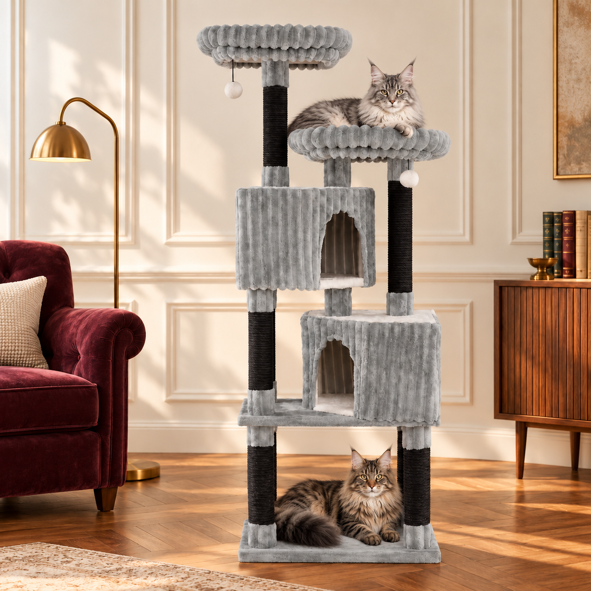 Cat Tree 156cm | Two-Condo Tower – The Cloud Residence with Maine Coons comfortably resting, reading room