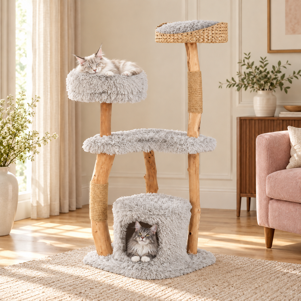 Cat Tree 124cm | Wooden Tower with Condo – The Ashwood Nest with Maine Coons comfortably resting, living room