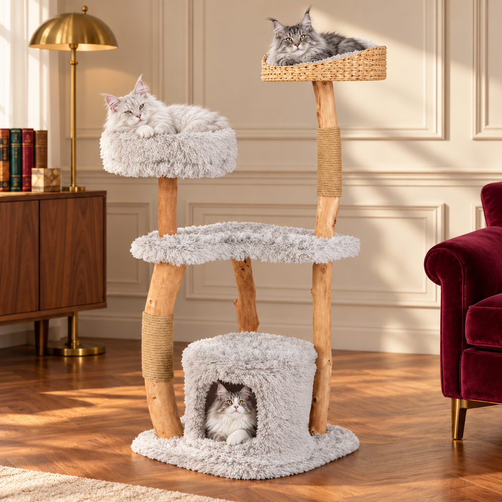 Cat Tree 124cm | Wooden Tower with Condo – The Ashwood Nest with Maine Coons comfortably resting, reading room