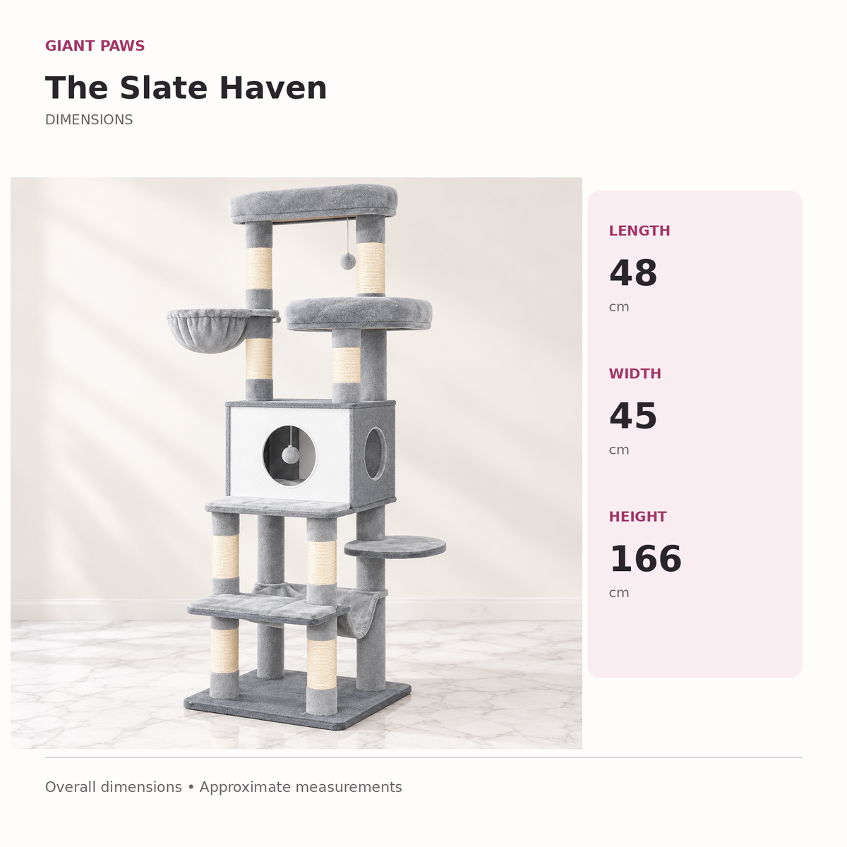 Cat Tree 166cm | Modern Multi-Level Tower – The Slate Haven — overall dimensions