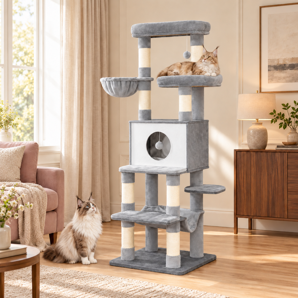 Cat Tree 166cm | Modern Multi-Level Tower – The Slate Haven with Maine Coons comfortably resting, living room