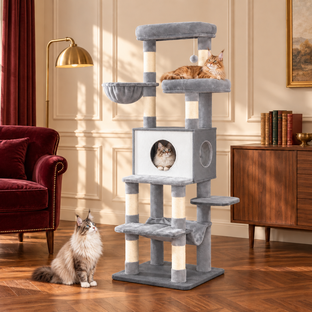 Cat Tree 166cm | Modern Multi-Level Tower – The Slate Haven with Maine Coons comfortably resting, reading room
