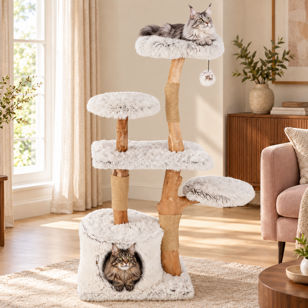 Cat Tree 135cm | Natural Branch Tower – The Woodland Bloom with Maine Coons — lifestyle illustration