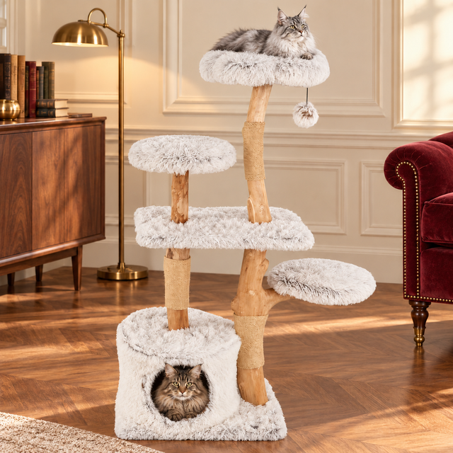 Cat Tree 135cm | Natural Branch Tower – The Woodland Bloom with Maine Coons — lifestyle illustration