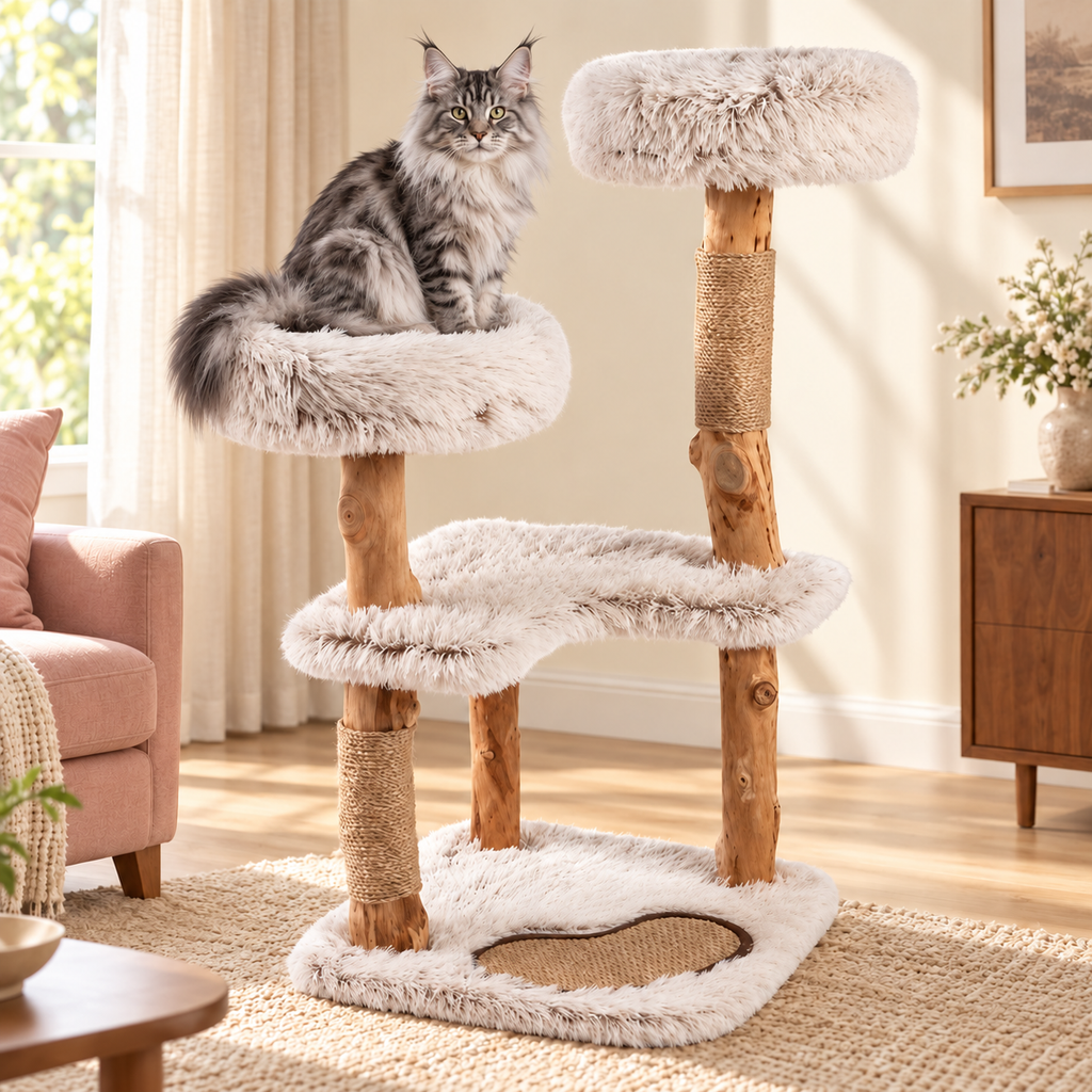 Natural Branch Cat Tree | Two Padded Perches – The Twin Blossom with Maine Coons — lifestyle illustration