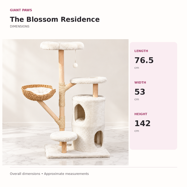 Cat Tree 142cm | Natural Wood Tower – The Blossom Residence — overall dimensions