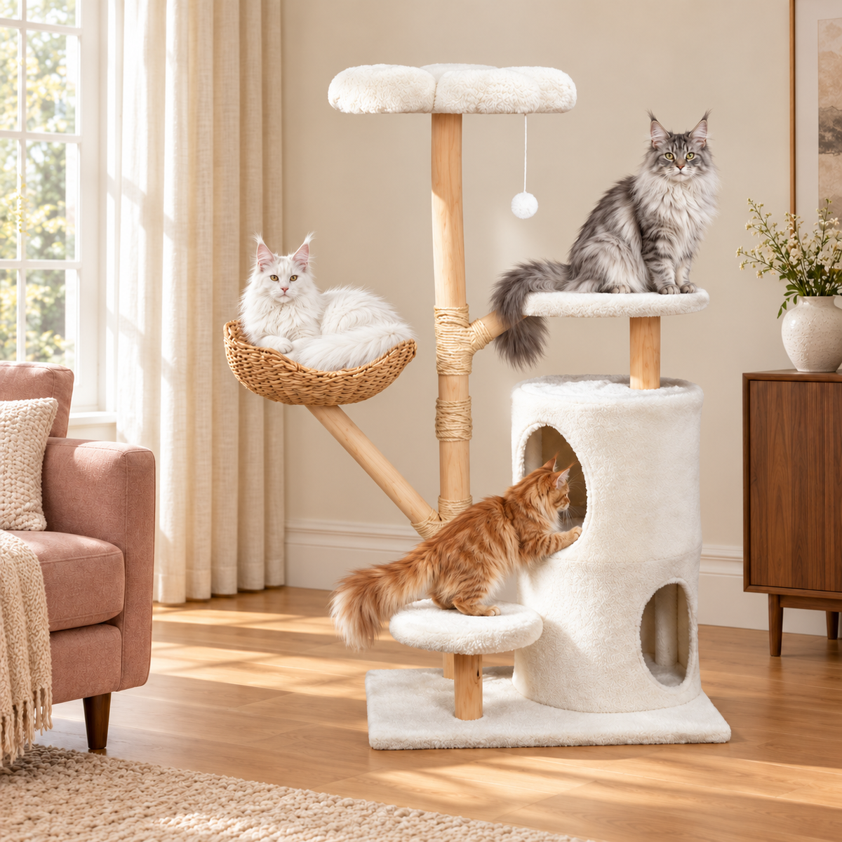 Cat Tree 142cm | Natural Wood Tower – The Blossom Residence with Maine Coons — lifestyle illustration