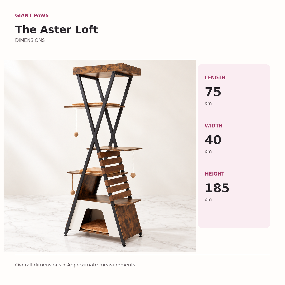 Cat Tree 185cm | Metal Frame Tower – The Aster Loft — overall dimensions