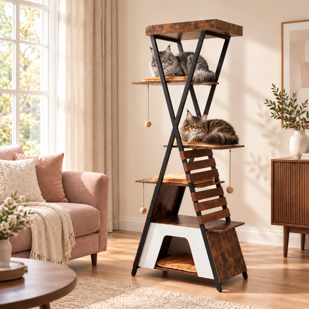 Cat Tree 185cm | Metal Frame Tower – The Aster Loft with Maine Coons — lifestyle illustration