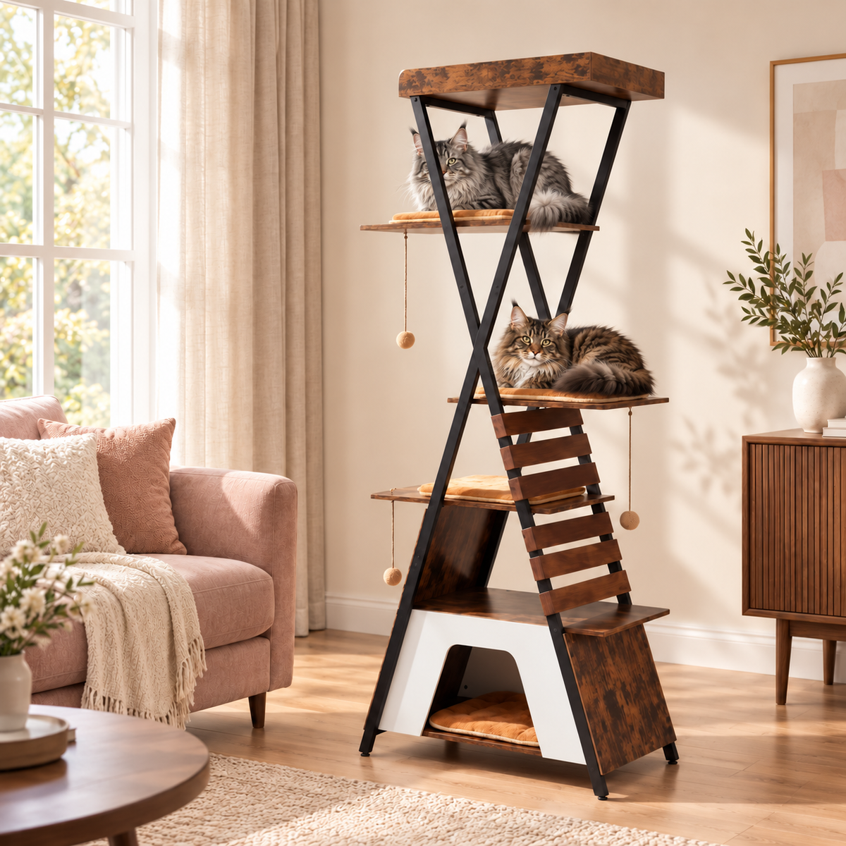 Cat Tree 185cm | Metal Frame Tower – The Aster Loft with Maine Coons — lifestyle illustration