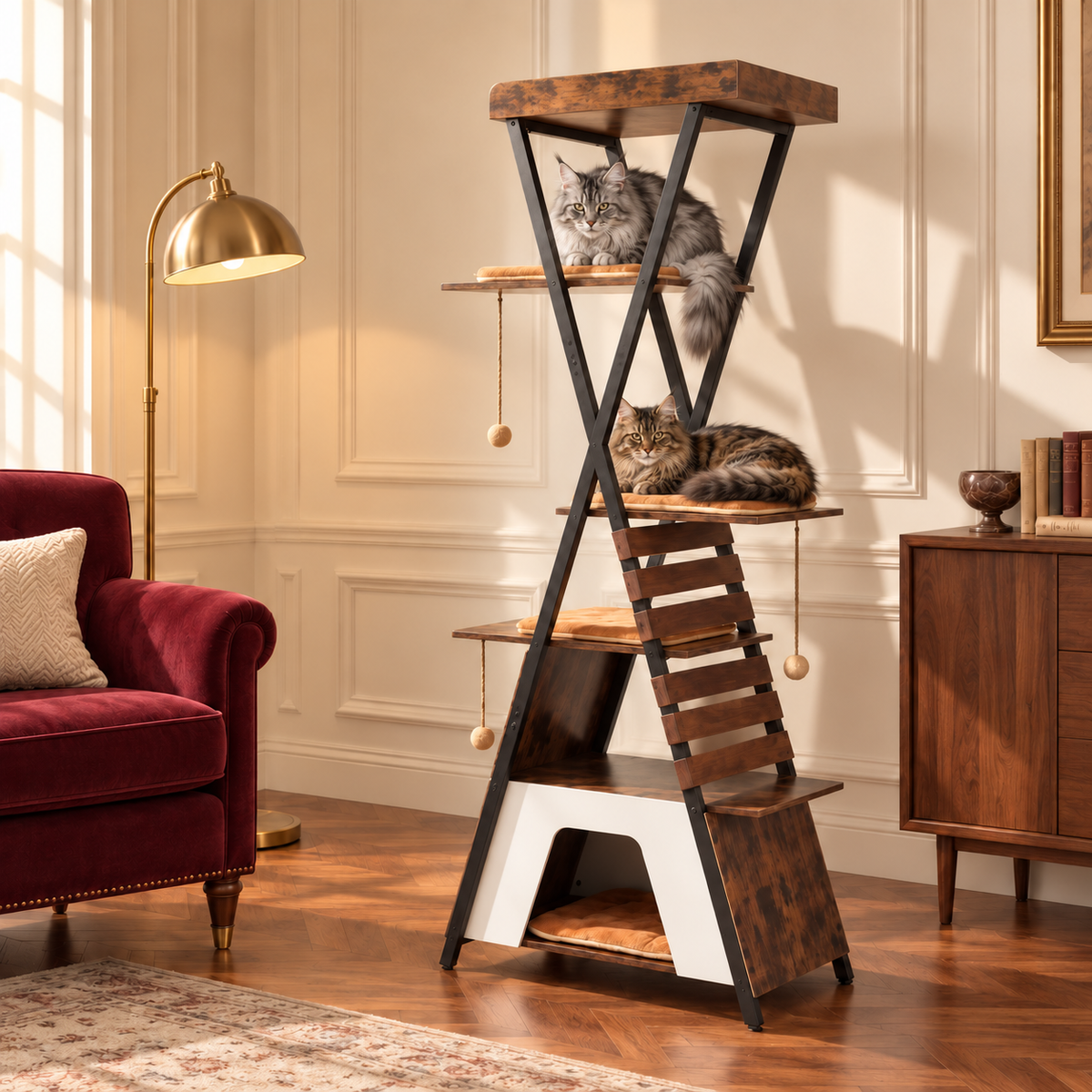 Cat Tree 185cm | Metal Frame Tower – The Aster Loft with Maine Coons — lifestyle illustration