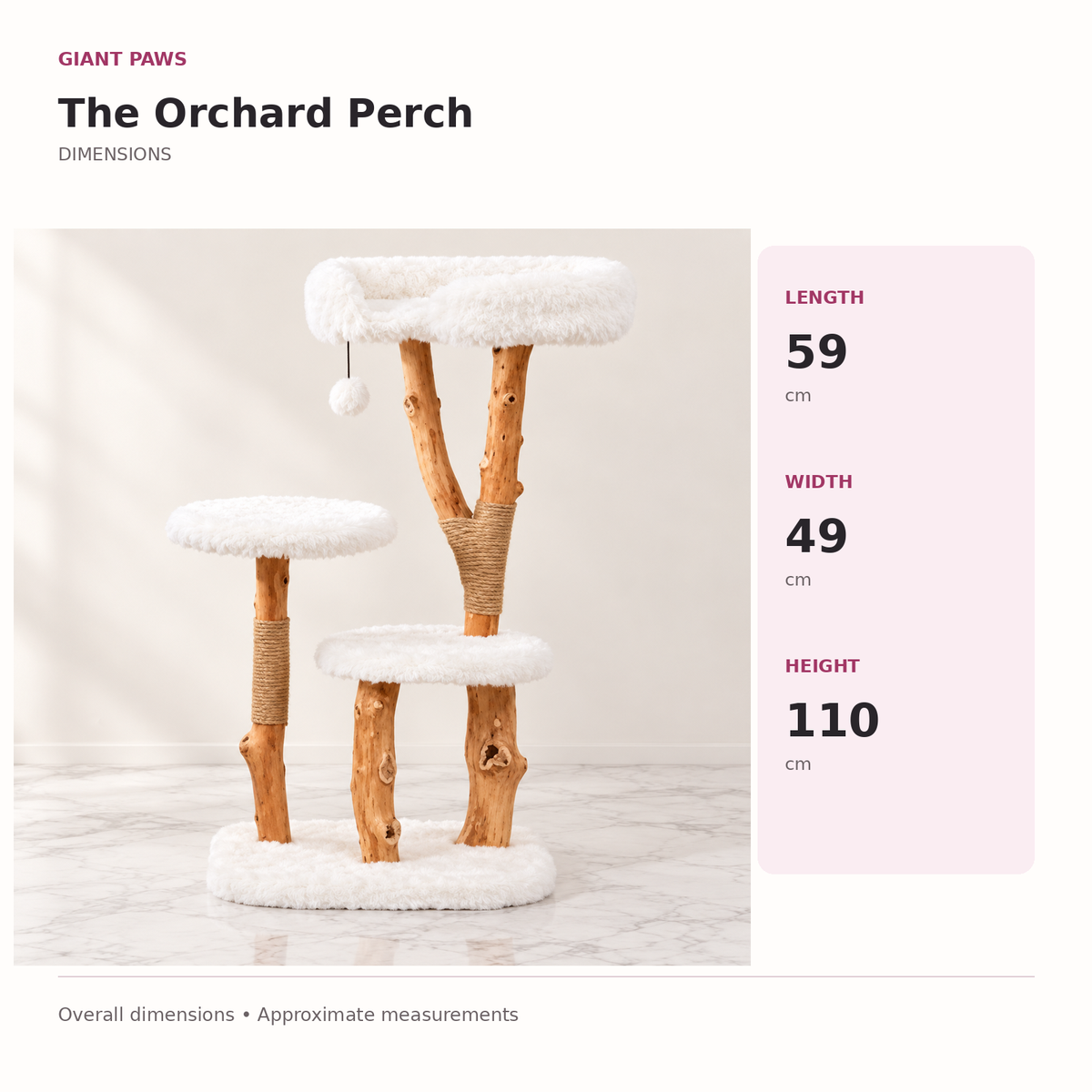 Cat Tree 110cm | Pear-Wood Perch Tower – The Orchard Perch — overall dimensions