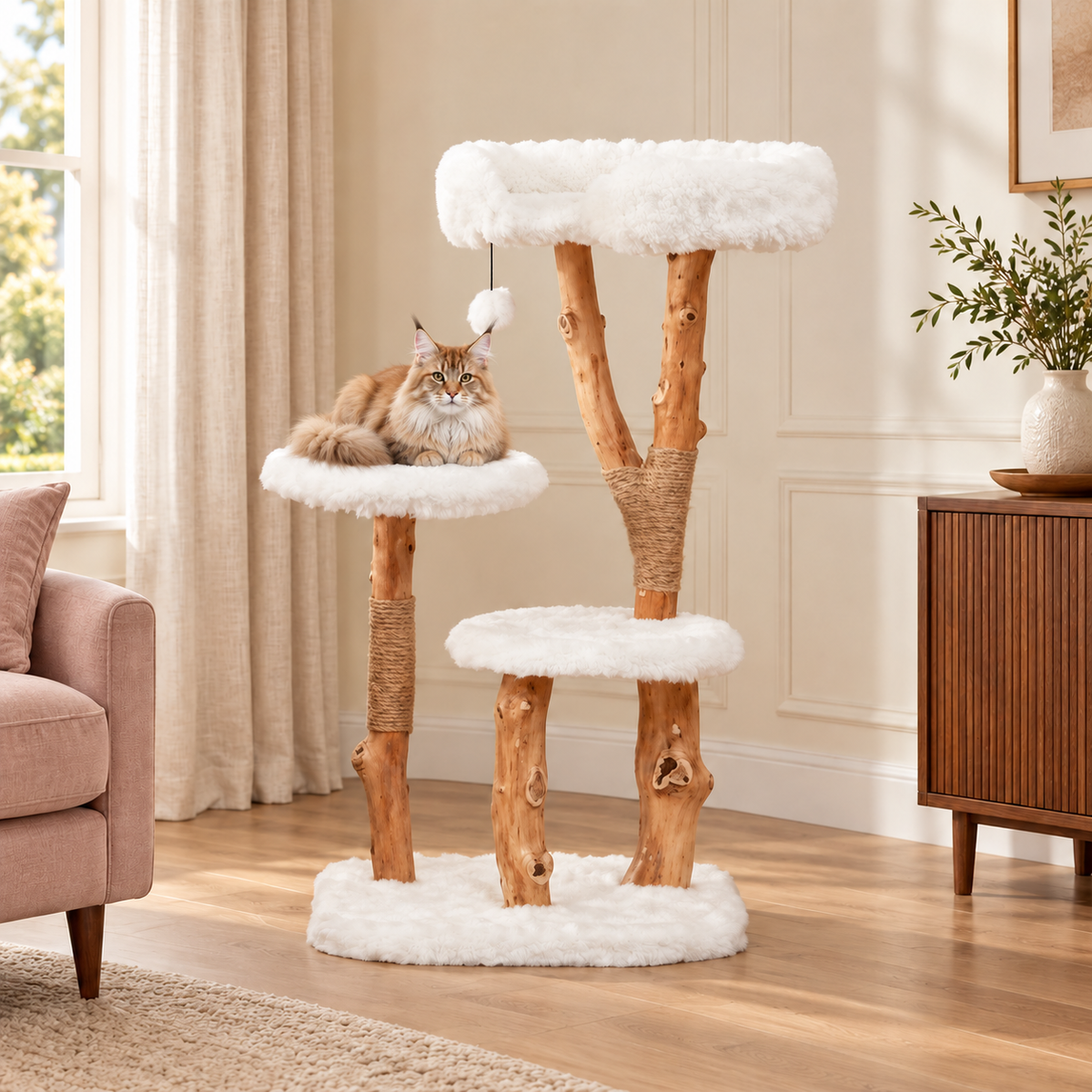 Cat Tree 110cm | Pear-Wood Perch Tower – The Orchard Perch with Maine Coons comfortably resting, living room