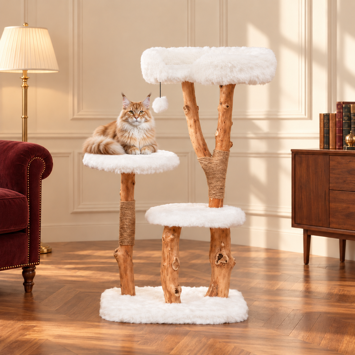 Cat Tree 110cm | Pear-Wood Perch Tower – The Orchard Perch with Maine Coons comfortably resting, reading room