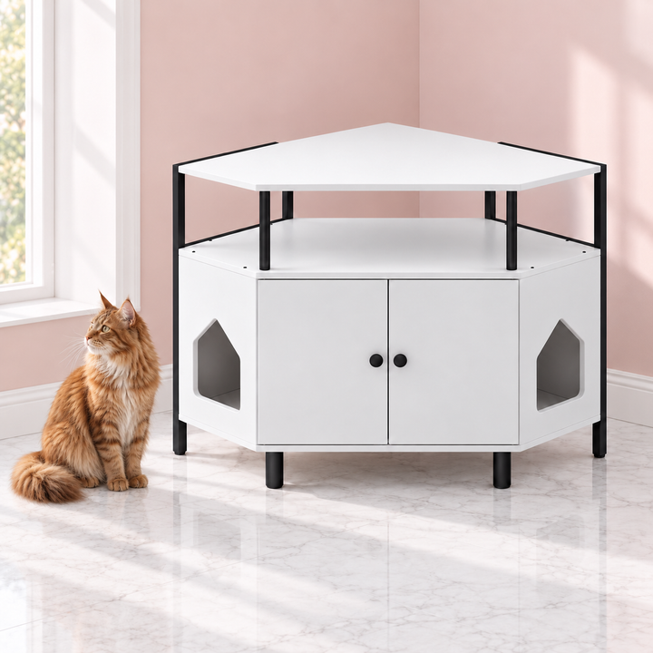 Corner Cat Litter Box Cabinet – The Corner Gallery, White shown with a ginger Maine Coon in an empty light pink room.