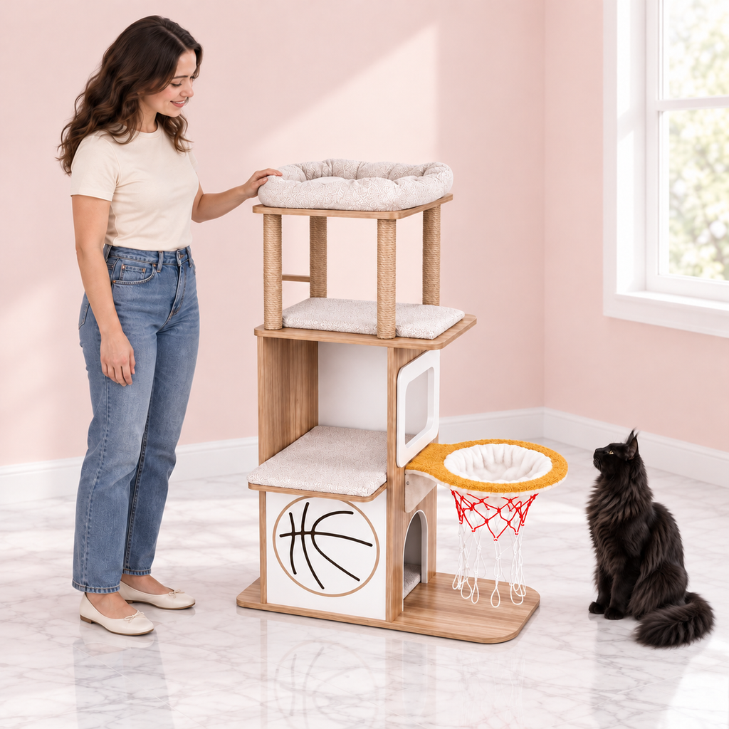 Cat Tree & Basketball Hammock – The Court House in an empty light pink room with white marble flooring and a black Maine Coon looking toward the product.