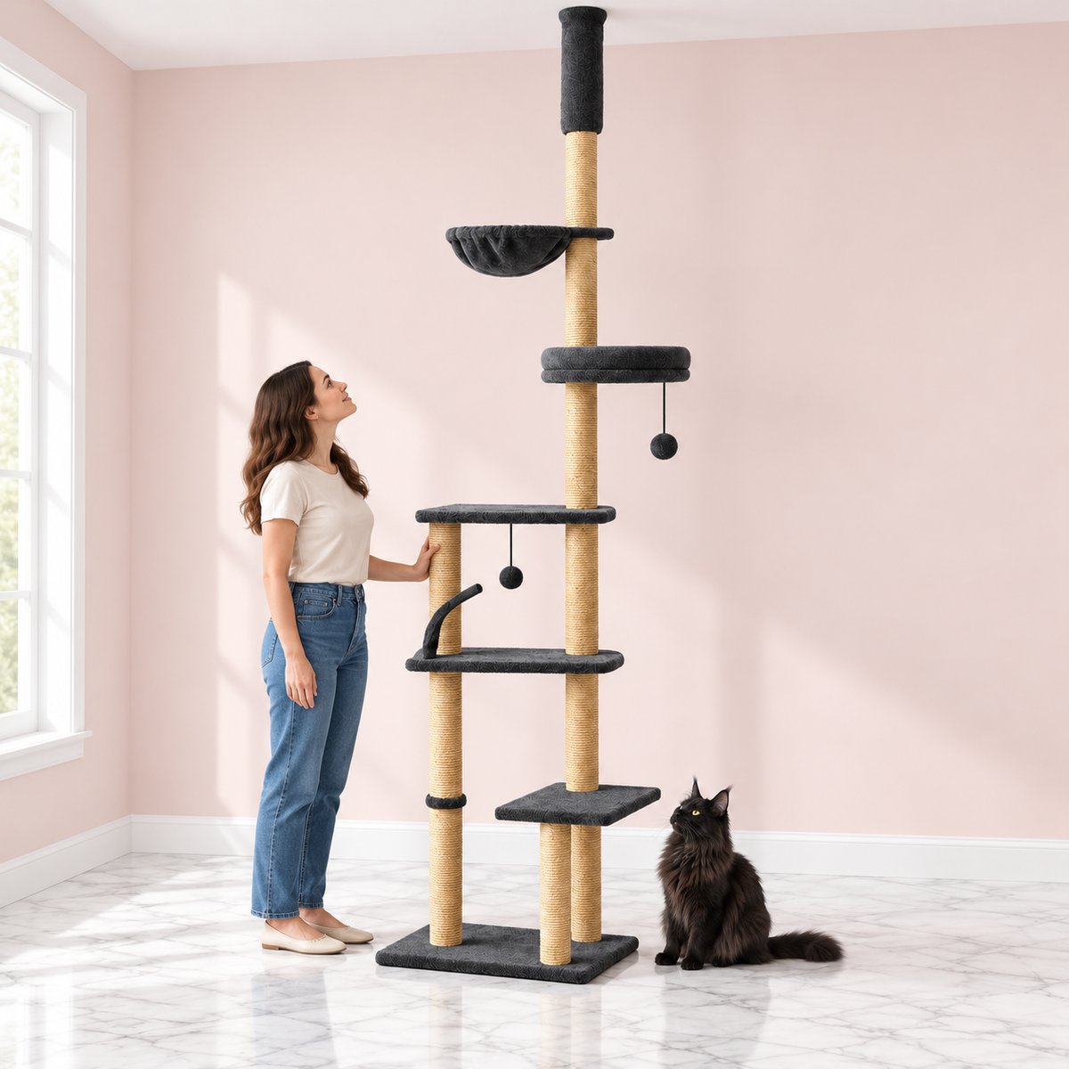 Floor-to-Ceiling Cat Tree 230–250cm | Adjustable Cat Tower – The Modern Vine in an empty light pink room with white marble flooring and a black Maine Coon looking toward the product.