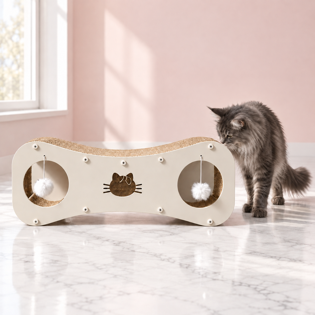 Figure-8 Cat Scratcher & Play Board – The Paw-villian, Default Title shown, with a smoky grey Maine Coon in an empty light pink room.