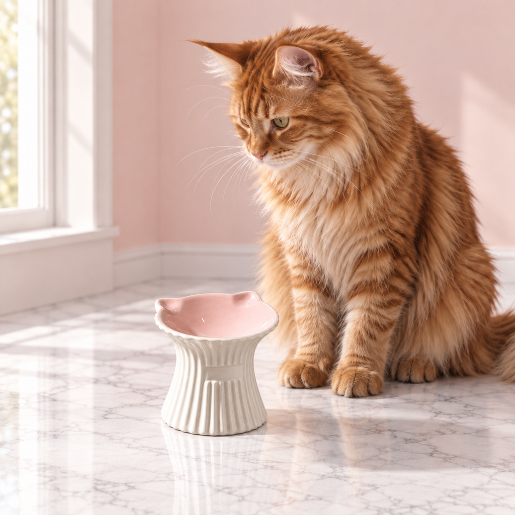 Elevated Ceramic Cat Bowl with Cat-Ear Rim – The Purr-celain, Default Title shown, with a ginger Maine Coon in an empty light pink room.