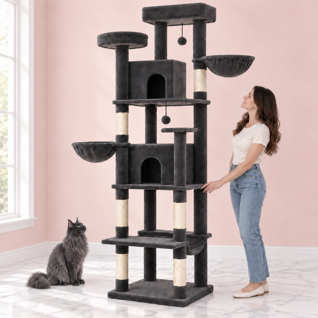 Maine Coon Cat Tree 216cm | XL Cat Tower – Ultimate PawHouse in an empty light pink room with white marble flooring and a smoky grey Maine Coon looking toward the product.