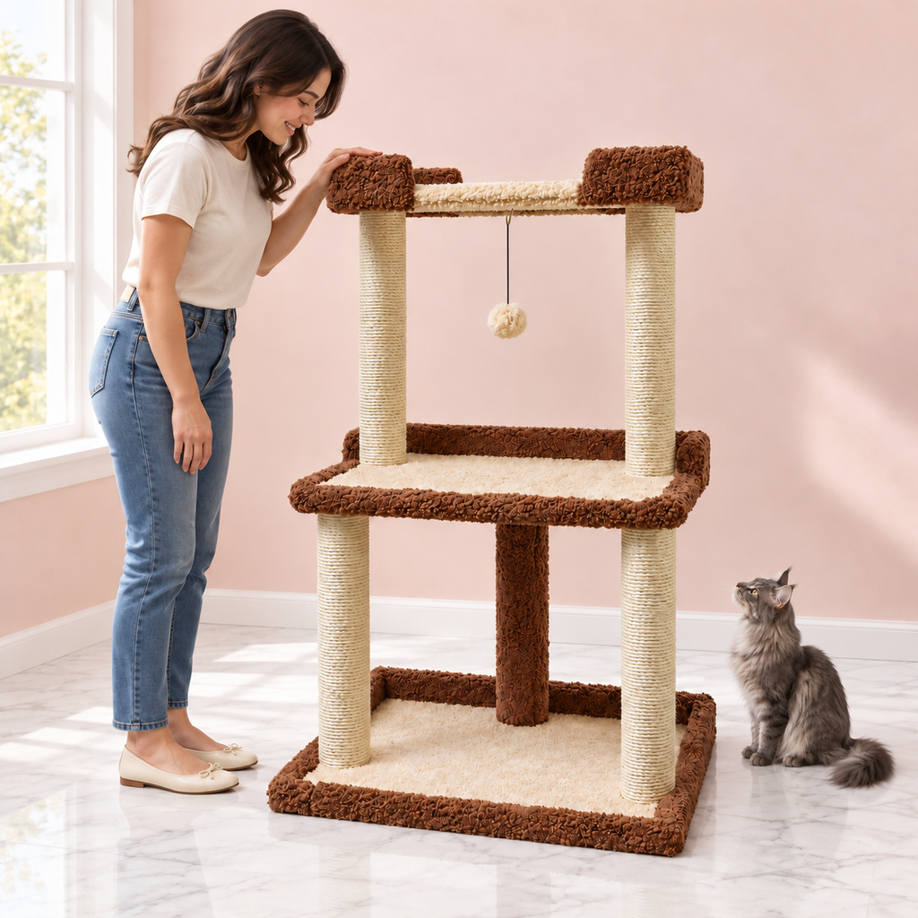 Cat Tree 41 Inches – The Cosy Court with a smoky grey Maine Coon in a pale pink room