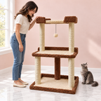 Cat Tree 41 Inches – The Cosy Court with a smoky grey Maine Coon in a pale pink room