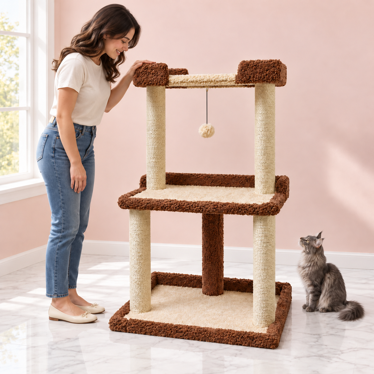Cat Tree 41 Inches – The Cosy Court with a smoky grey Maine Coon in a pale pink room