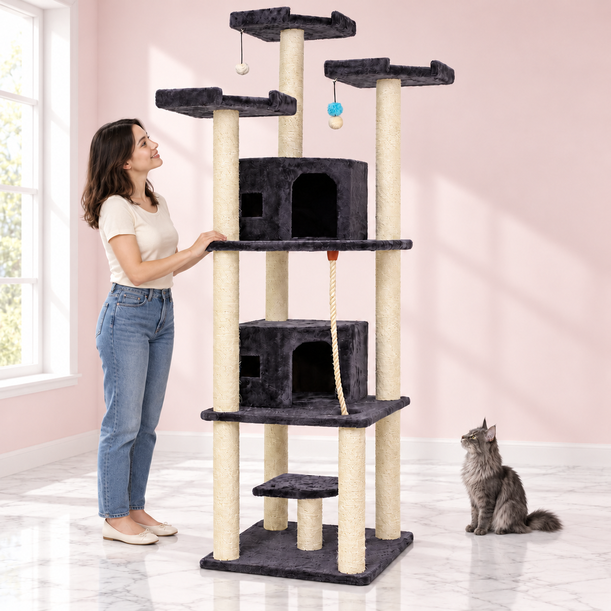 82-Inch Cat Tree with Two Condos – The Grandwood Estate with a smoky grey Maine Coon in a pale pink room