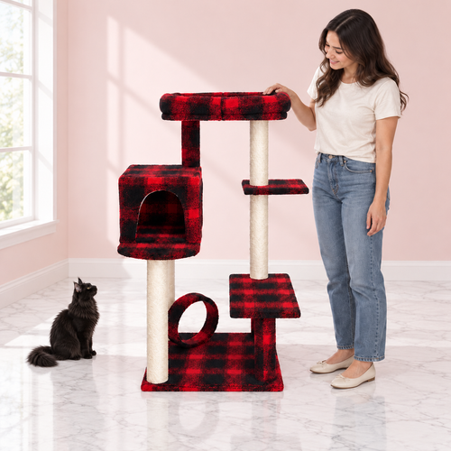 50-Inch Cat Tree with Lounger – The Lounge Court with a black Maine Coon in a pale pink room