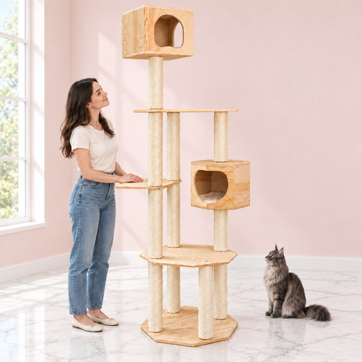 Pine-Wood Cat Tree – The Pinewood Manor with a smoky grey Maine Coon in a pale pink room