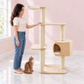 54-Inch Wood Cat Tree – The Cedar Court with a ginger Maine Coon in a pale pink room