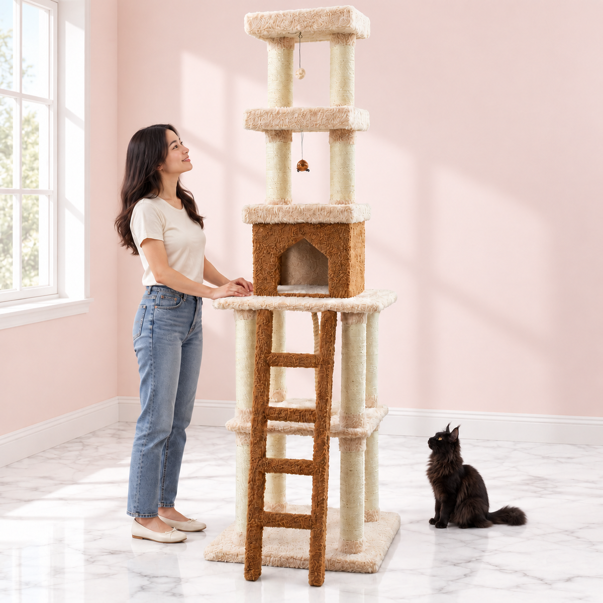 Premium Cat Tree – The Canopy Estate with a black Maine Coon in a pale pink room