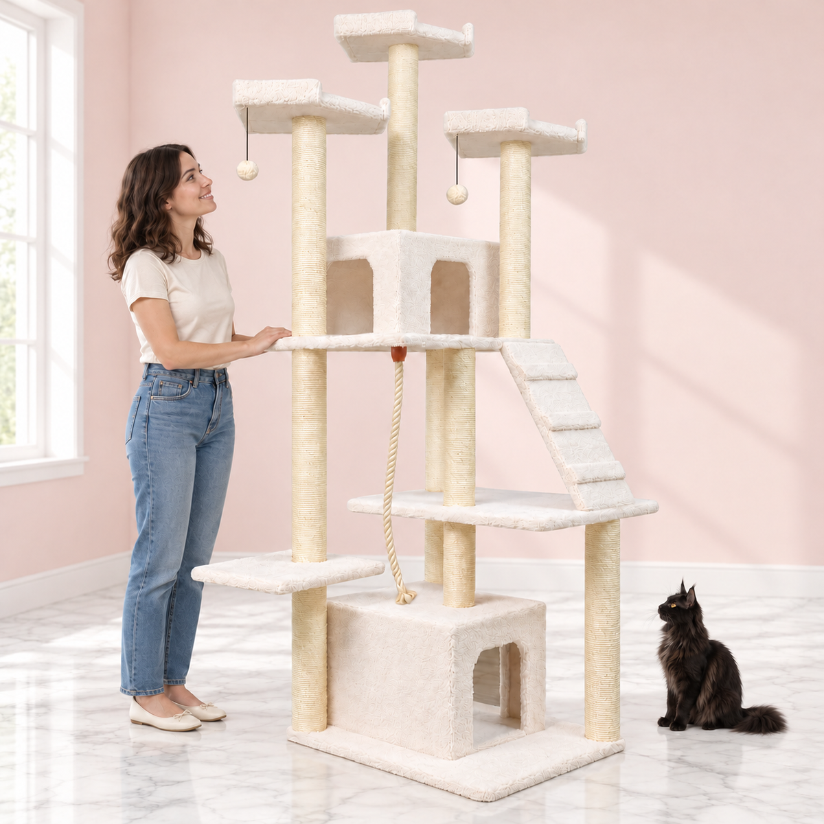 Classic Cat Tree – The Treetop Manor with a black Maine Coon in a pale pink room