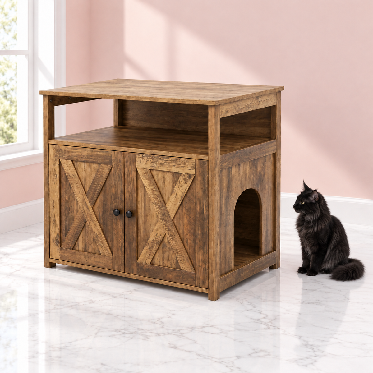 Cat Litter Box Enclosure with Storage Shelf – The Barnside with a black Maine Coon in a pale pink room